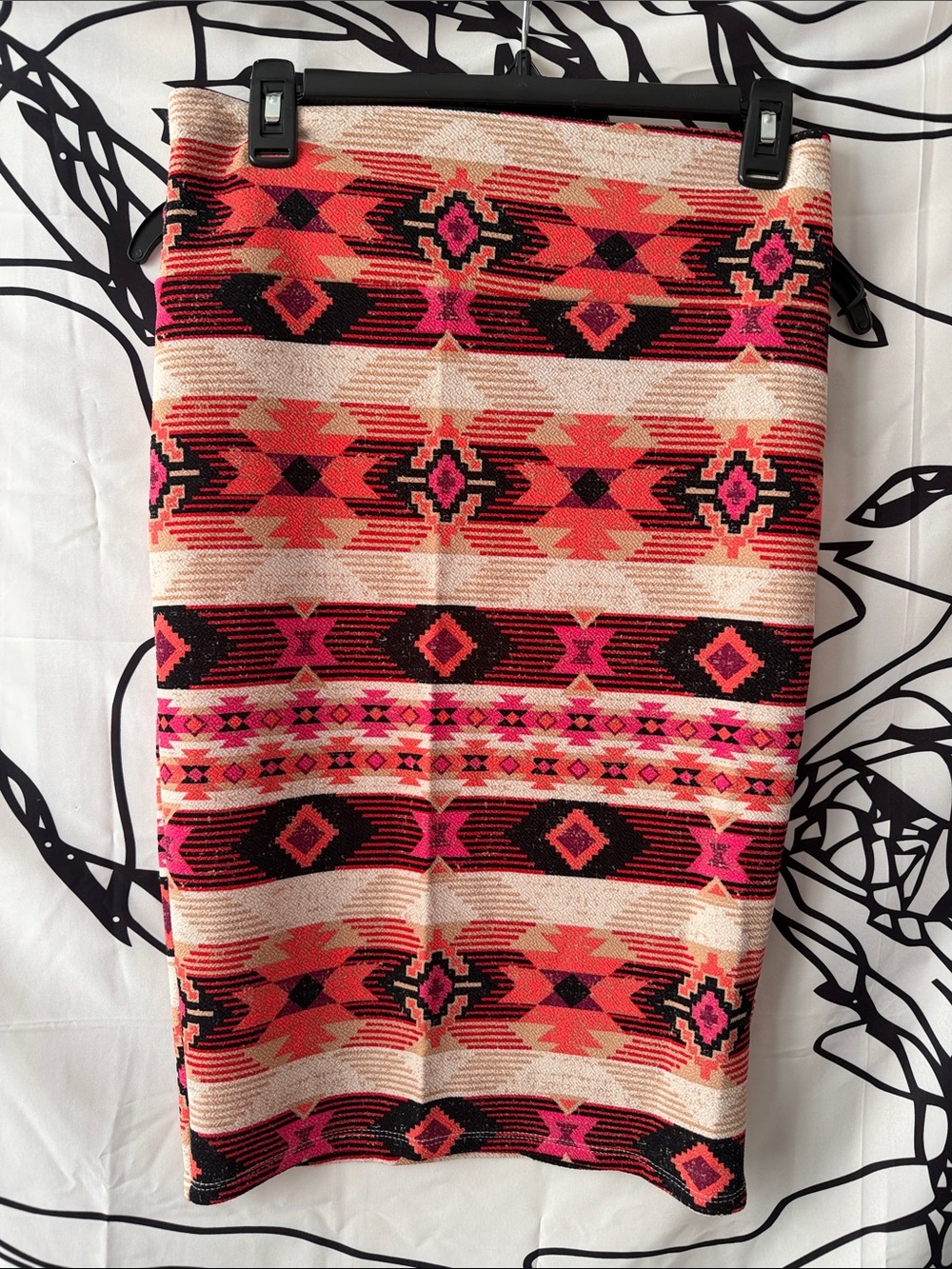 Aztec Print Pencil Skirt - Coral, Pink & Black